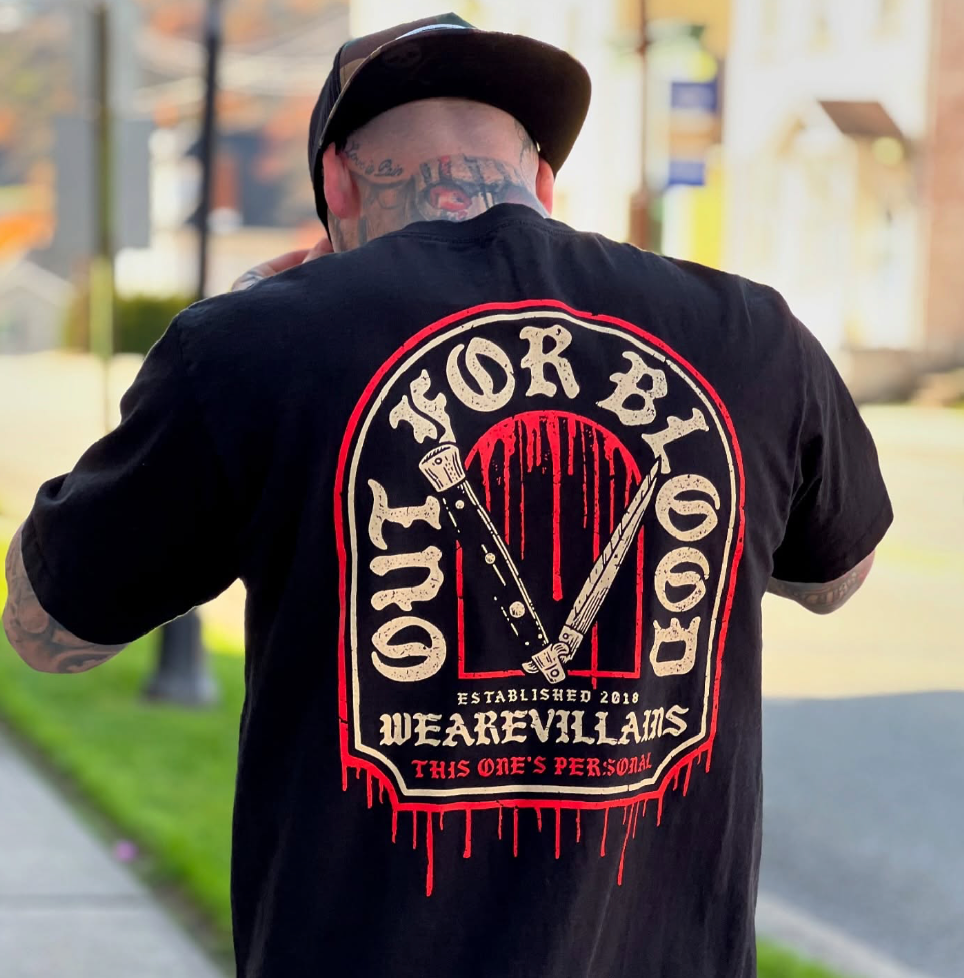 WE ARE VILLAINS Only for Blood screen print on the back of a black T-shirt